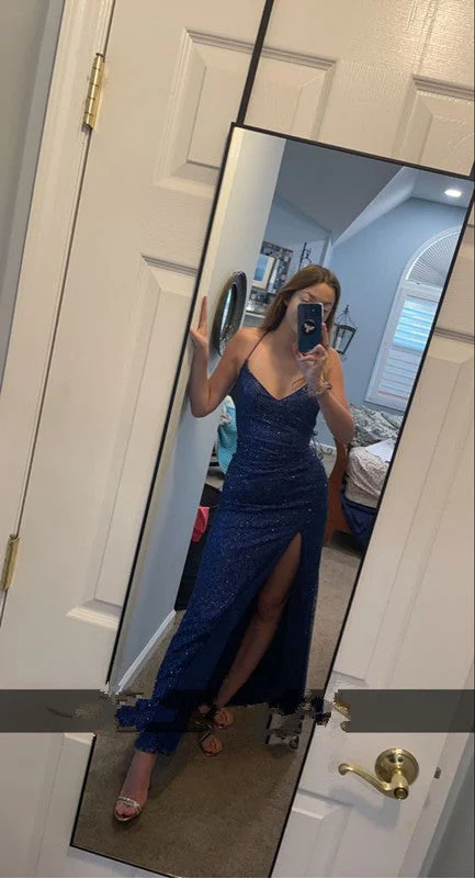 women's lace-up dressesMermaid V-Neck Spaghetti Straps Seuqins Long Prom Dress With Slit Y511