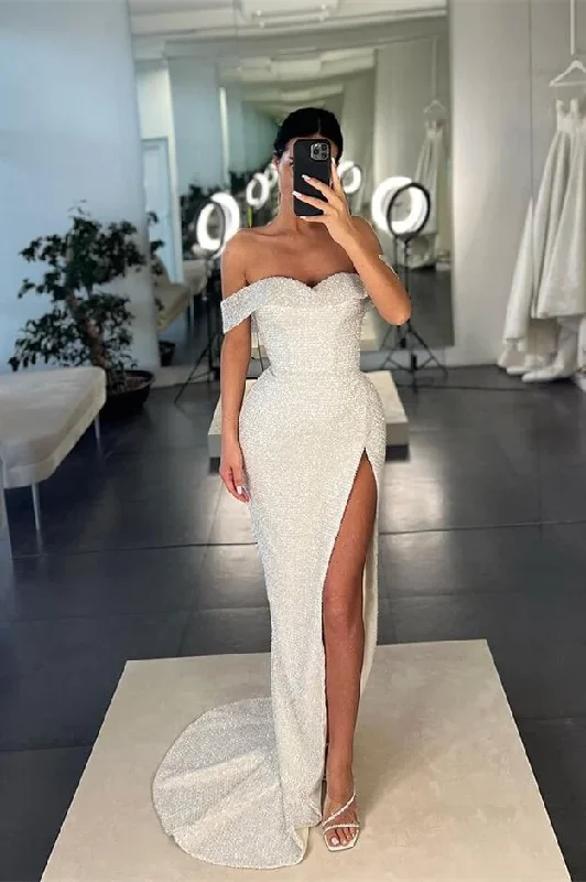 Elegant DressMermaid White Off-the-Shoulder Sequins Prom Dress With Split Y375