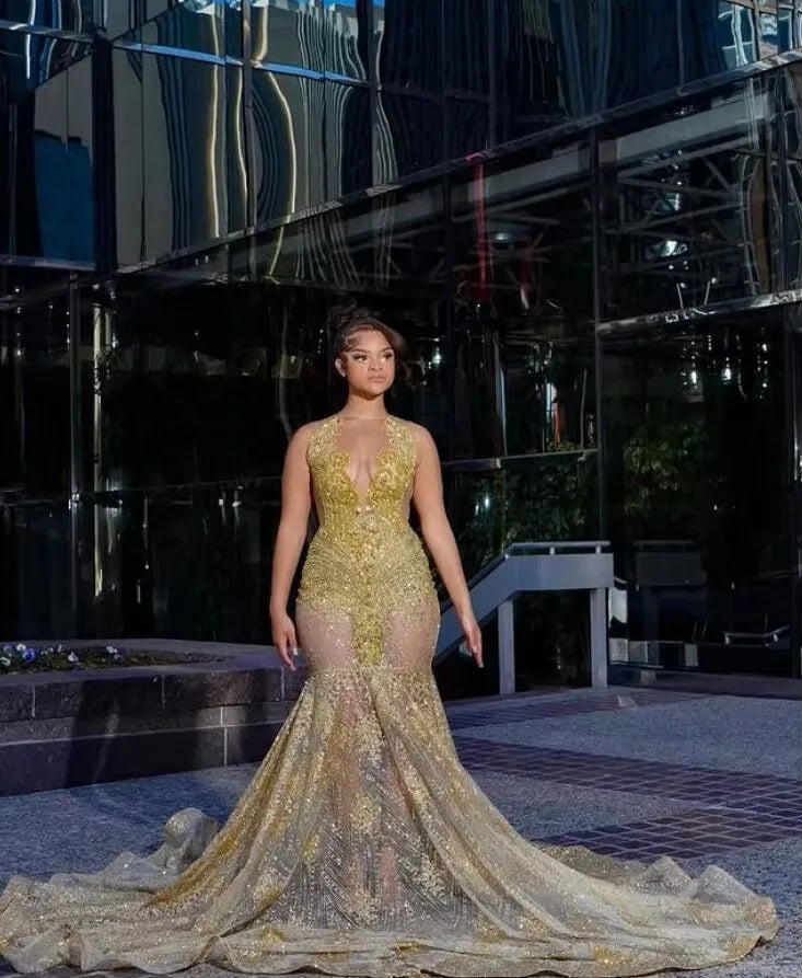 women's vintage dressesGold Sparkly Mermaid Long Prom Formal Dresses 2025 Luxury Diamond Gillter Sheer Customsized Prom Birthday Gown