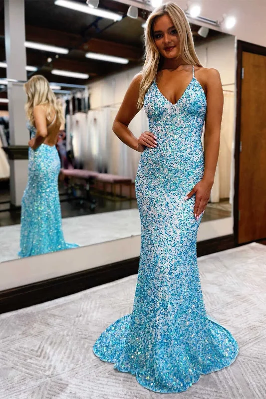 Laced-Up DressWinter Wonderland Blue Sequin Backless Long Prom Dress Y336