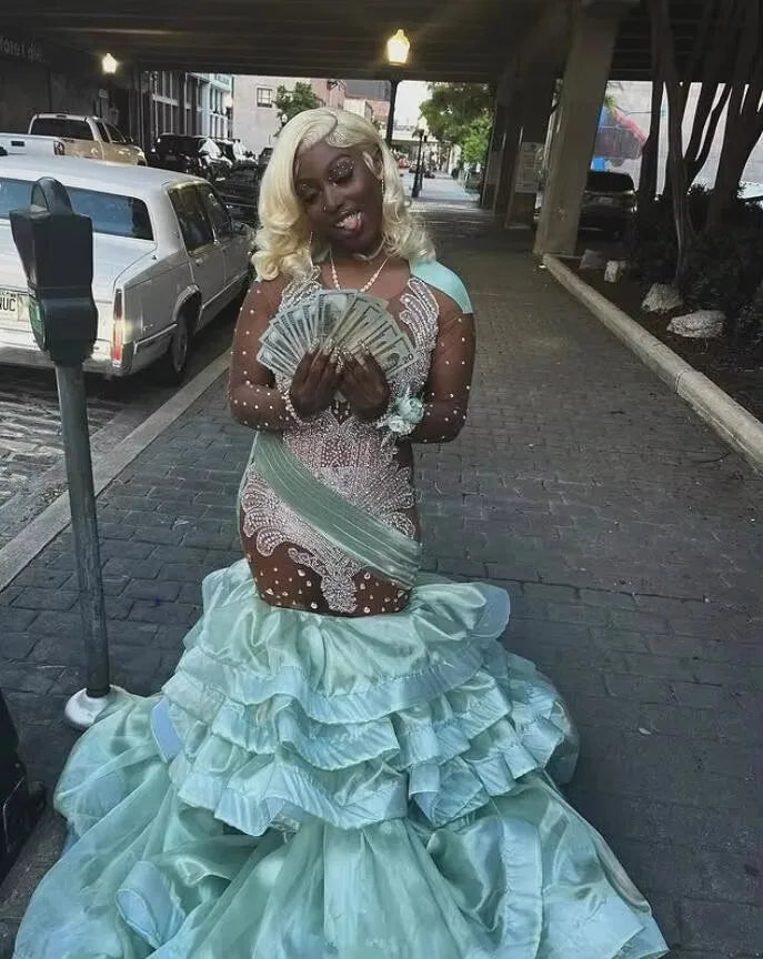 women's fair-trade dressesMint Green Sparkly Long Mermaid Evening Dresses for Black Girl Aso Ebi Luxury Diamond Crystal Prom Gown Customsized