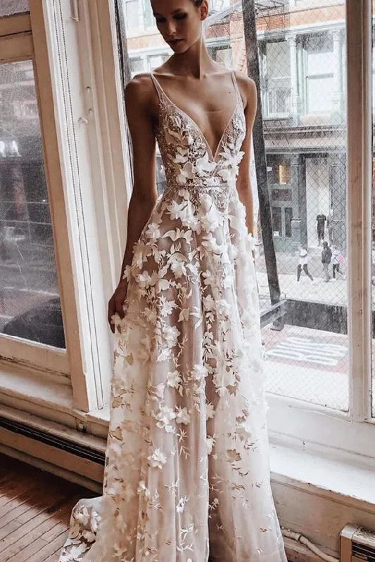 Tulle DressA-Line Floral Applied Long Prom Dress With Illusion V Neck  S7873