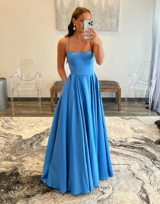 women's ethical fashion dressesSimple Blue Spaghetti Straps Backless A-Line Prom Dresses Y468