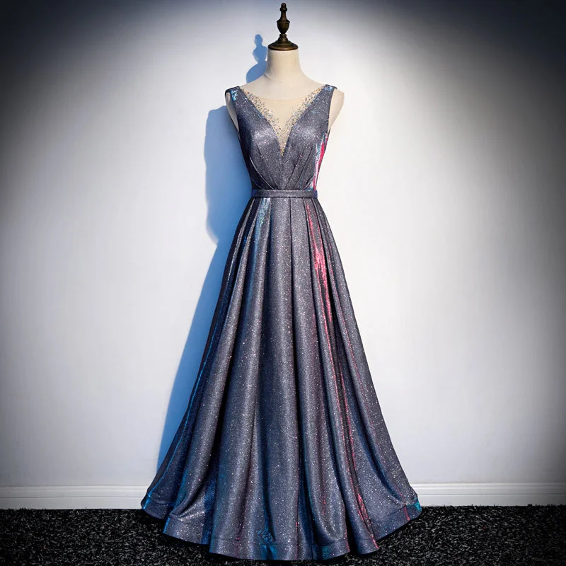 Sleeveless DressA-line V Neck Satin Long Prom Dress s83