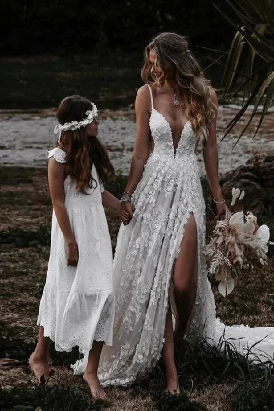 women's everyday dressesA-line V Neck Lace Prom Dress With Split  S18749