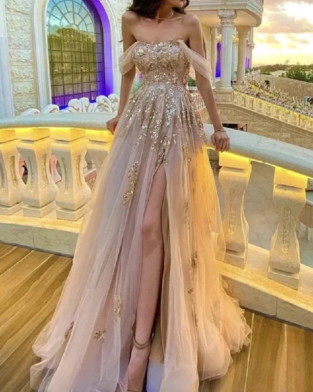 women's luxury dressesElegant Champagne tulle corset prom dresses off the shoulder with sequin lace embroidery Y84