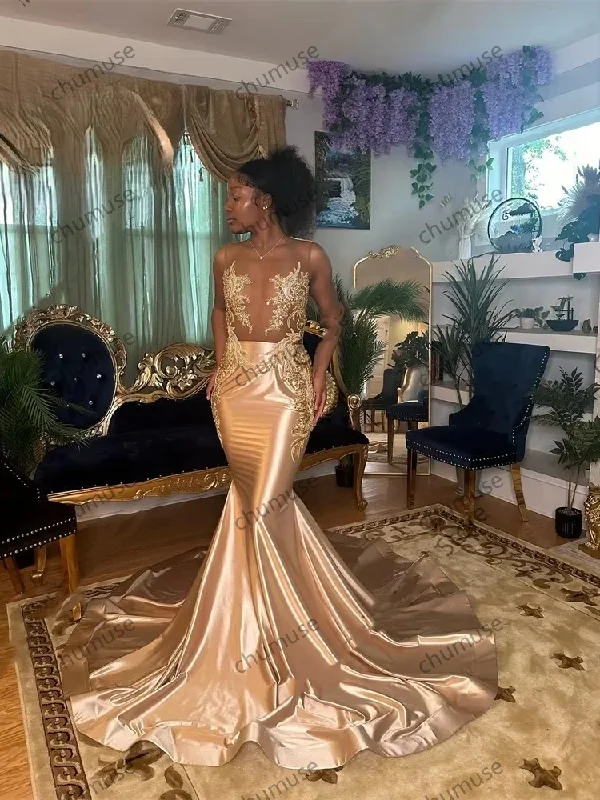 women's pear-shaped body dressesChampagne Satin O Neck Long Prom Dresses For Black Girls women's pear-shaped body dressesChampagne Satin O Neck Long Prom Dresses For Black Girls