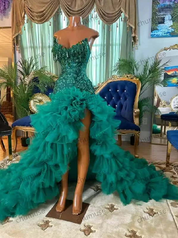 women's casual Friday dressesEmerald Green Strapless Tassel Long Prom Dresses Bead Appliques Birthday Luxury Dress Ruffles Gown With Split Customized women's casual Friday dressesEmerald Green Strapless Tassel Long Prom Dresses Bead Appliques Birthday Luxury Dress Ruffles Gown With Split Customized