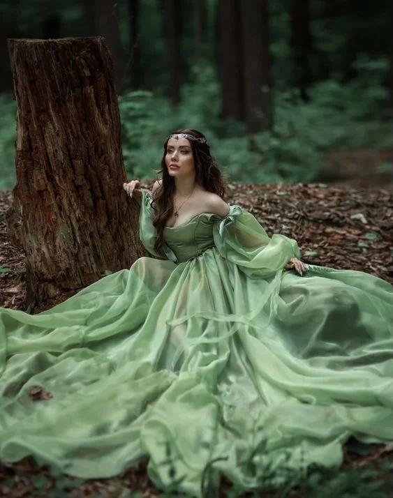 Statement DressGreen Tulle Long Prom Dress Puffy Sleeves Prom Dress Y45