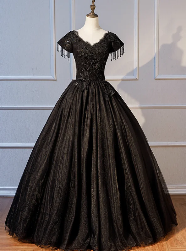 women's casual Friday dressesCome In All Styles And Colors Black Ball Gown Tulle V-neck Cap Sleeve Appliques Beading Quinceanera Dress