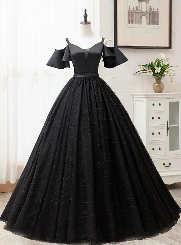 Denim DressFor Your Big Night Black Ball Gown Tulle Spagehtti Straps Quinceanera Dress