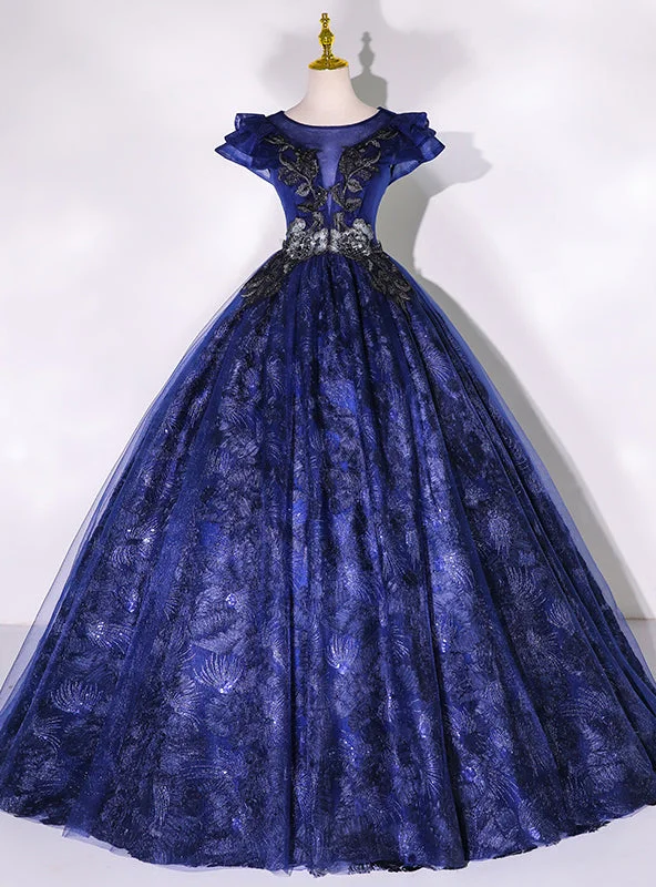 women's minimalist dressesDark Blue Lace Tulle Appliques Quinceanera Dress