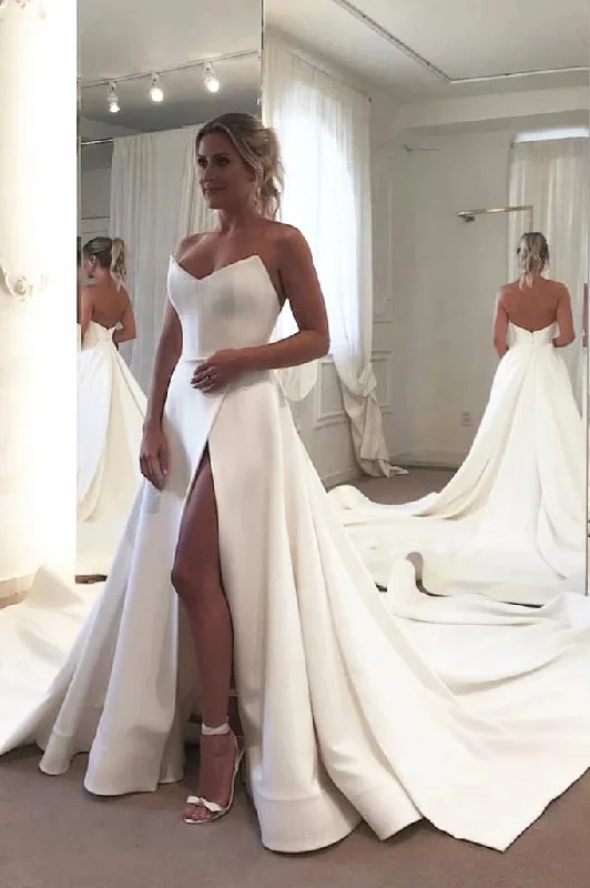 women's unique dressesElegant Strapless Sweetheart Satin Wedding Dresses With Slit