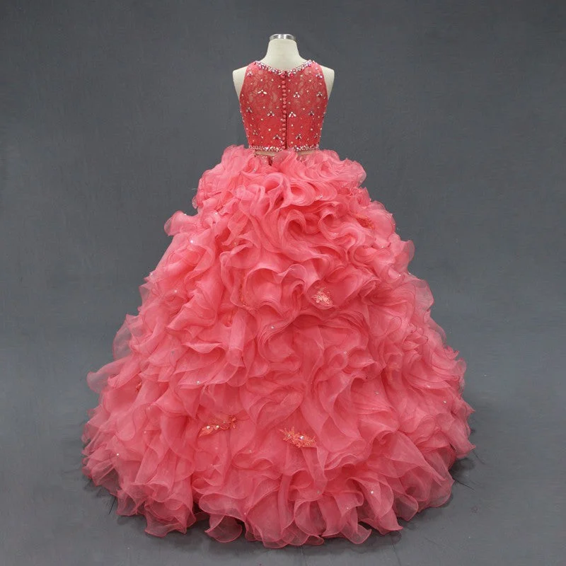 women's boho dressesCoral Two Pieces Lace Crop Oranza Ruffle Quinceanera Dresses