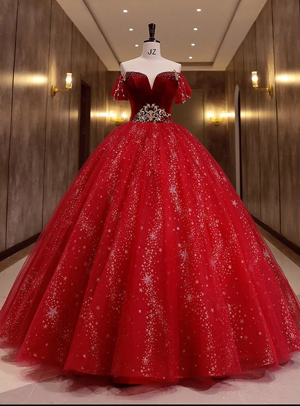 Bell-Sleeve DressBurgundy Tulle Sequins Velvet Off the Shoulder Quinceanera Dress