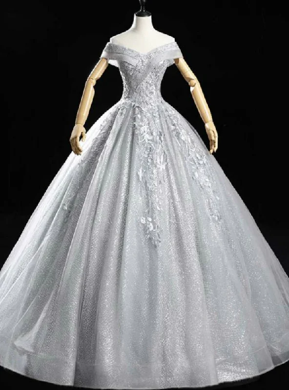 women's petite dressesCheck Out Entire Collection Silver Gray Sequins Appliques Off the Shoulder Quinceanera Dress