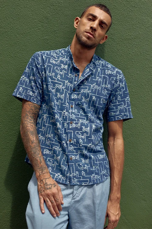 Men's Minimalist Shirts for a Clean LookOkhai 'Blue Sienna' Pure Cotton Hand Block Printed Half Sleeves Shirt