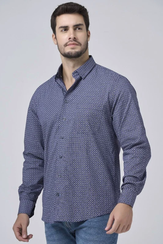 Men's Smart Casual Shirts for Business Casual SettingsNavy and White Neat Print No-Iron Cotton Sport Shirt with Hidden Button Down Collar by Leo Chevalier