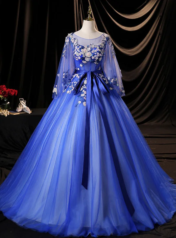 Solid Color DressBlue Tulle Backless Sequins Appliques Quinceanera Dress