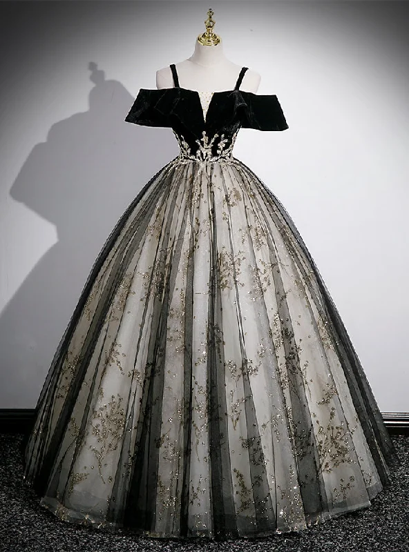 women's body-skimming dressesBlack Tulle Velvet Sequins Straps Quinceanera Dress