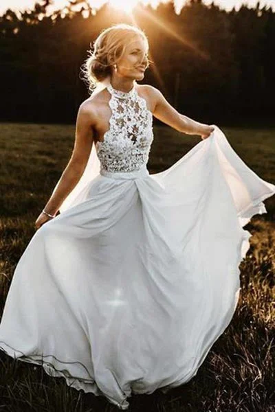 women's vacation dressesA Line Halter Sleeveless Chiffon Floor Length Beach Wedding Dresses