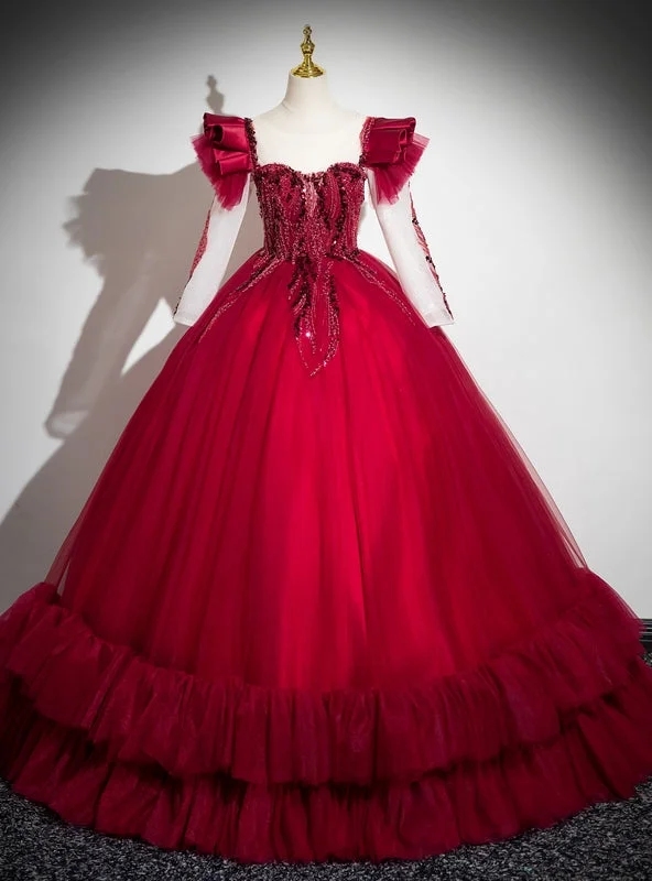 women's luxury dressesBurgundy Long Sleeve Tulle Sequins Quinceanera Dress