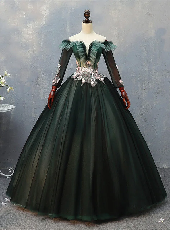 women's versatile dressesDark Green Tulle Long Sleeve Off the Shoulder Appliques Quinceanera Dress