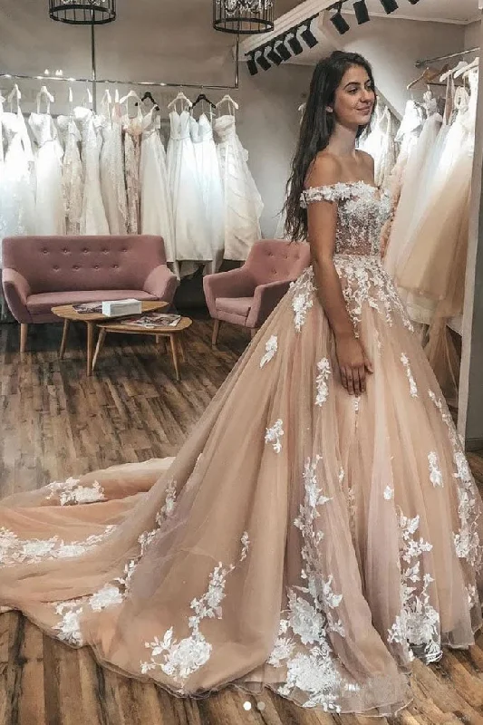 women's travel dressesGorgeous Off the Shoulder Tulle Lace Appliques Wedding Dresses Puffy Bridal Dresses N2399