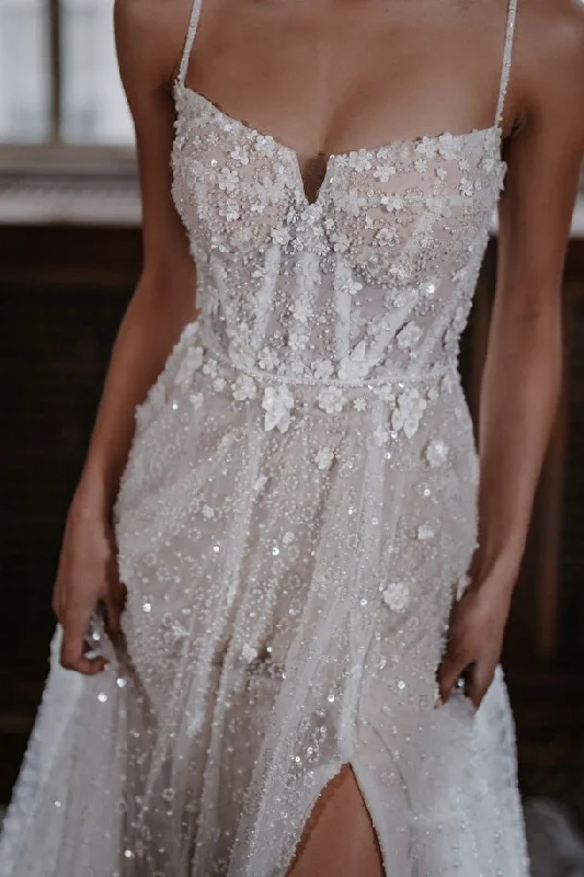 Fit-And-Flare DressGorgeous A Line Sparkly Tulle Wedding Dresses with Slit N132