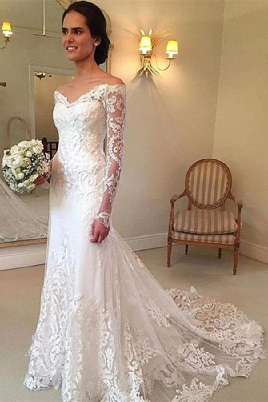 women's breathable dressesOff the Shoulder Mermaid Long Sleeves Lace Beach Wedding Dresses