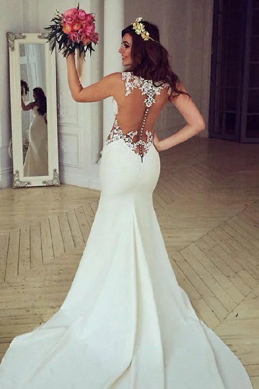 women's high-end dressesStunning See-through Mermaid Sleeveless Lace Appliques Court Train Wedding Dresses N465