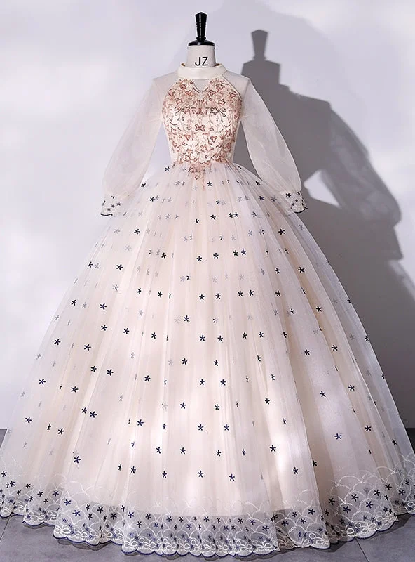 Casual Chic DressChampagne Tulle Long Sleeve High Neck Quinceanera Dress