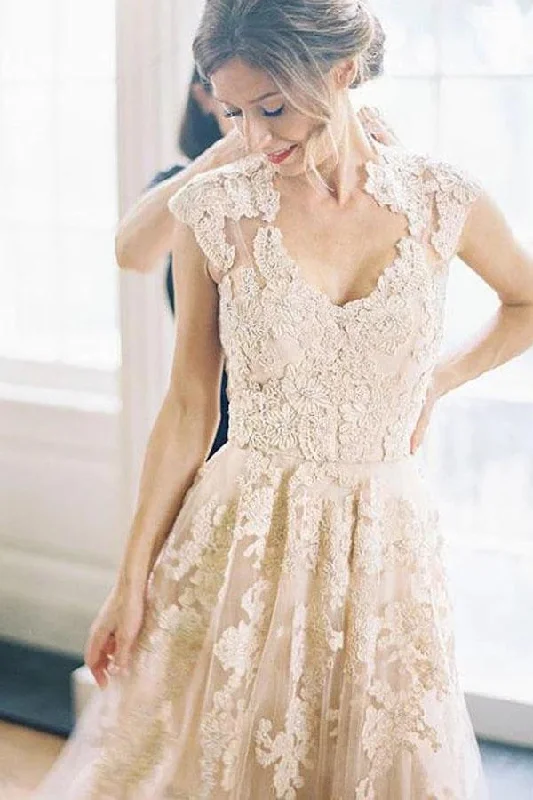 women's metallic dressesElegant V-neck Sleeveless Cap Sleeves Floor-Length Wedding Dresses with Lace Appliques N2499