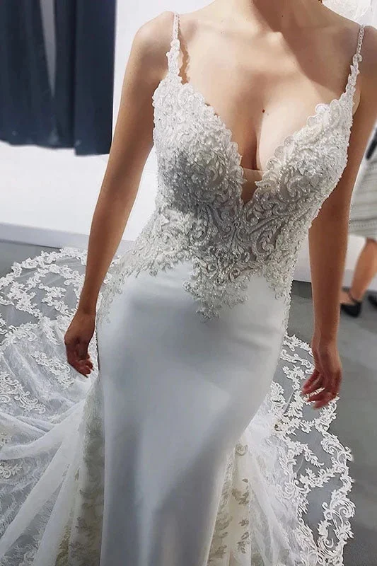 women's boho dressesStraps Mermaid Sleeveless Lace Appliques Beach Wedding Dresses with Lace N2358
