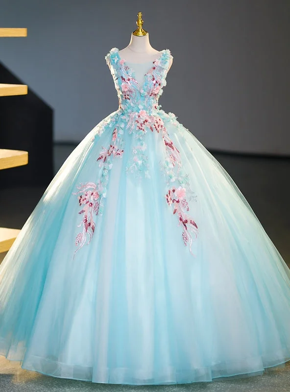 Leather DressBlue Tulle Appliques Ball Gown Quinceanera Dress
