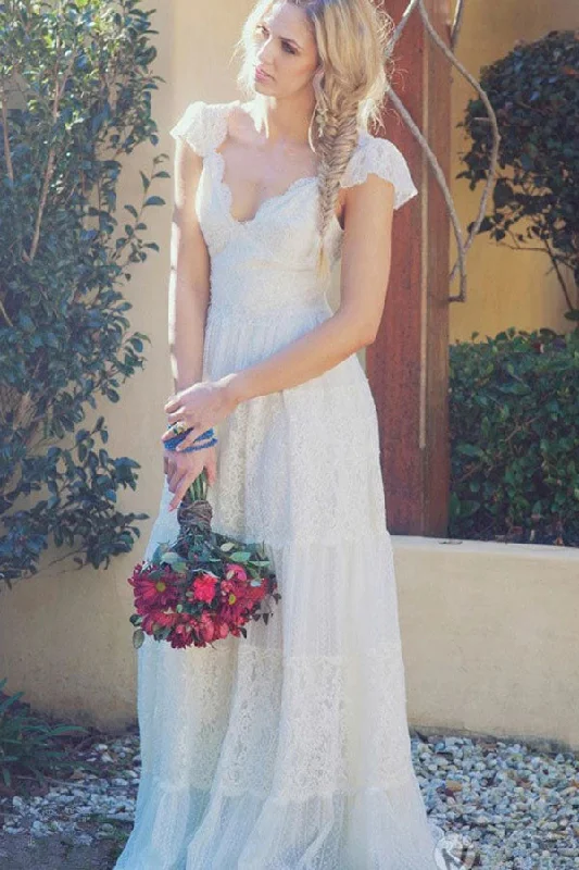 women's spaghetti strap dressesA Line V-Neck Floor Length Cap Sleeves Lace Beach Wedding Dresses Boho Wedding Dresses N2495