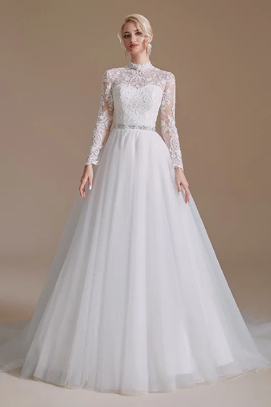women's affordable dressesA-Line Lace Appliques Long Sleeve Tulle Chapel Train Wedding Dress