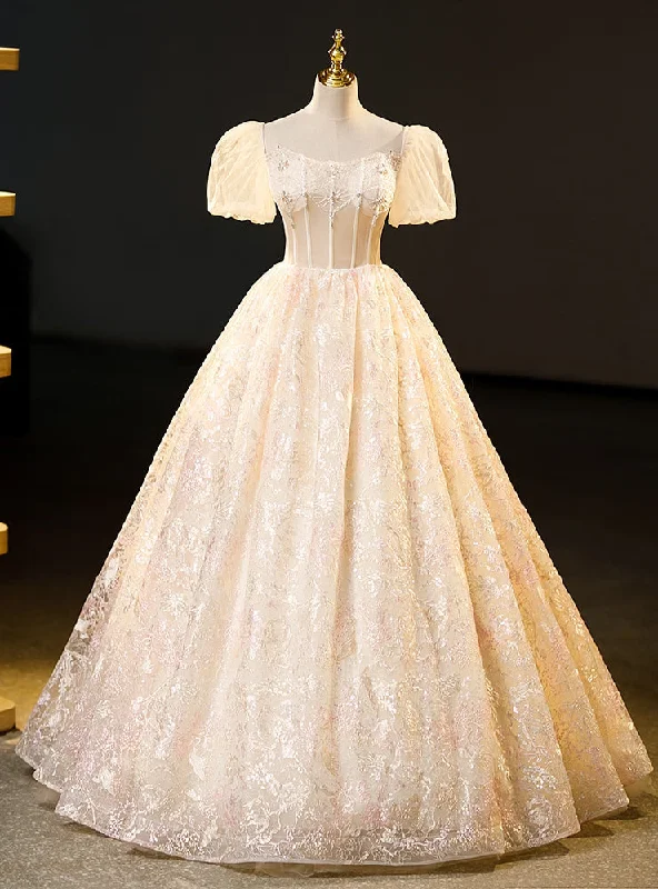 Petite DressChampagne Tulle Lace Puff Sleeve Beading Quinceanera Dress