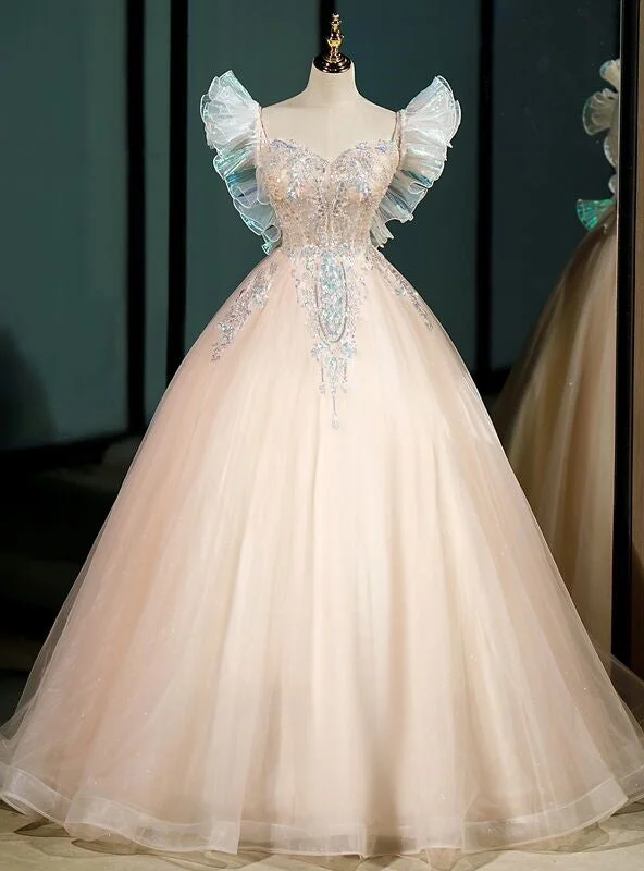 Laced DressChampagne Pink Tulle Sequins Appliques Quinceanera Dress