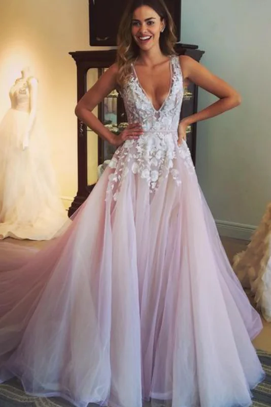 Elegant DressA Line V-Neck Light Pink Flower Appliqued Tulle Wedding Dress N10