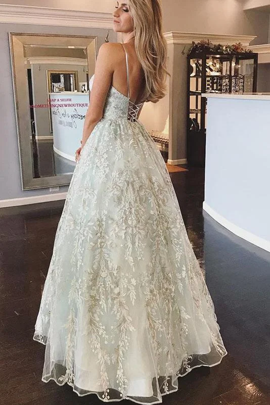 women's business casual dressesFloor Length Spaghetti Straps Backless Beach Wedding Dresses With Appliques N2416