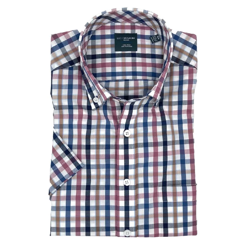 Men's Pattern-Clashing Shirts for Bold FashionNavy Multi Plaid Short Sleeve No-Iron Cotton Sport Shirt with Button Down Collar by Leo Chevalier Men's Pattern-Clashing Shirts for Bold FashionNavy Multi Plaid Short Sleeve No-Iron Cotton Sport Shirt with Button Down Collar by Leo Chevalier