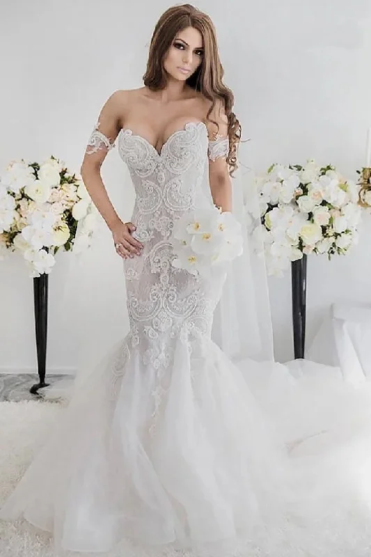 women's neon dressesCharming Off-the-Shoulder Mermaid Style Sweep Train Lace Wedding Dresses