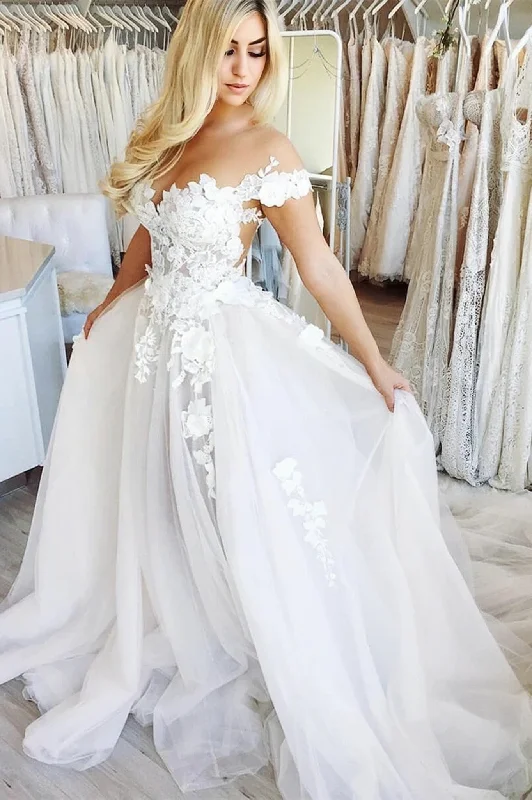 Casual Chic DressNew See Through Off the Shoulder Lace Tulle Wedding Dresses N1280