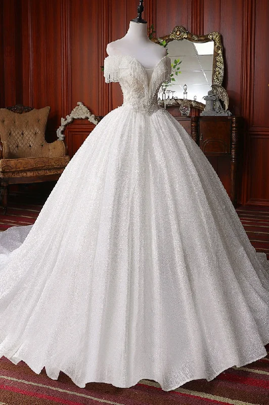 Spaghetti Strap DressPretty Off The Shoulder Ball Gown Beading Wedding Dress Modest Bridal Gowns Y0106