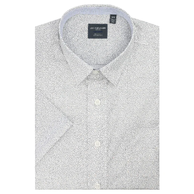 Men's Wingtip-Collar Shirts for a Classic TouchGrey Geometric Wave Print Short Sleeve No-Iron Cotton Sport Shirt with Hidden Button Down Collar by Leo Chevalier Men's Wingtip-Collar Shirts for a Classic TouchGrey Geometric Wave Print Short Sleeve No-Iron Cotton Sport Shirt with Hidden Button Down Collar by Leo Chevalier