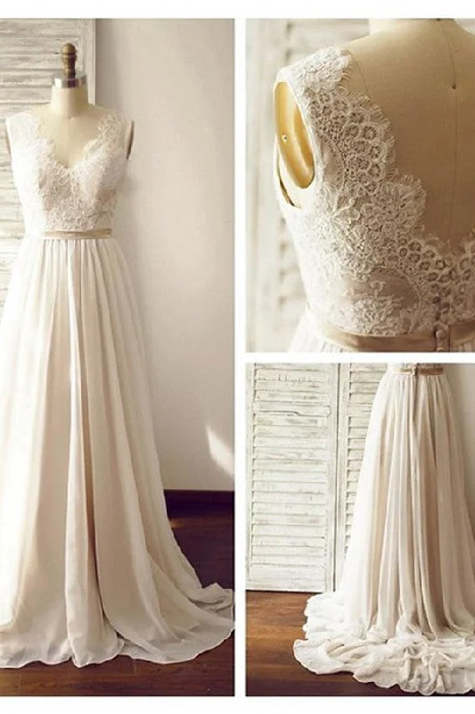women's fair-trade dressesElegant V-Neck Sleeveless Lace Appliqued Chiffon Beach Wedding Dresses