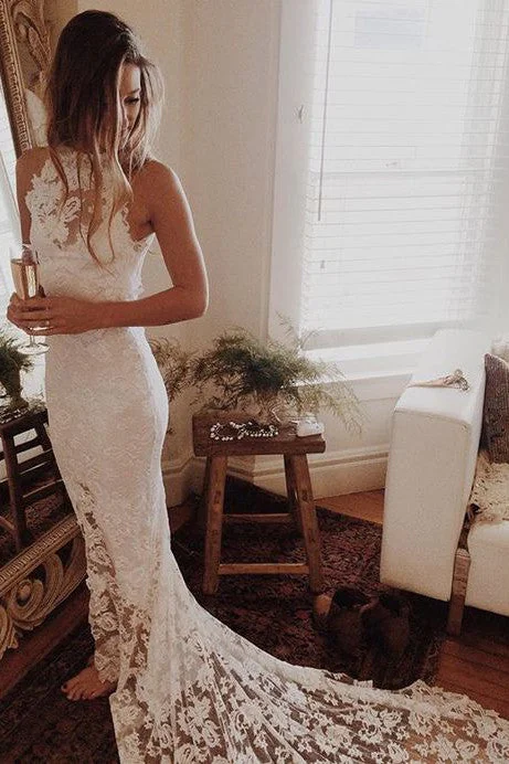 Beaded DressIvory Mermaid Open Back Princess Lace Beach Wedding Dresses