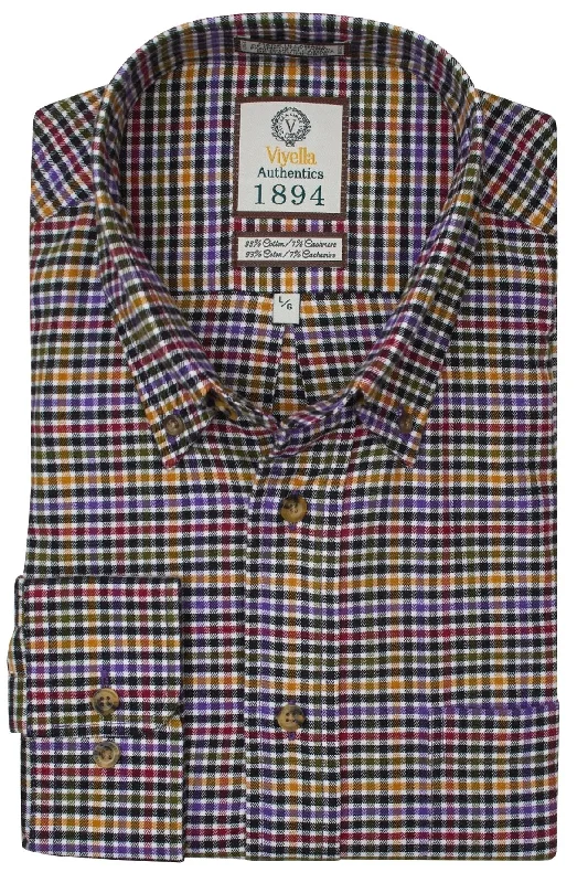 Men's Wrinkle-Free Shirts for Easy CareMulti Black, Gold, Purple, and Red Plaid Cotton and Cashmere Blend '1894 Authentics' Button-Down Shirt by Viyella Men's Wrinkle-Free Shirts for Easy CareMulti Black, Gold, Purple, and Red Plaid Cotton and Cashmere Blend '1894 Authentics' Button-Down Shirt by Viyella