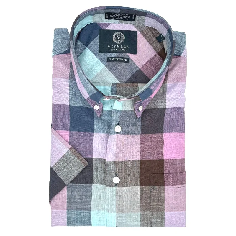 Men's Designer Dress Shirts for High-End FashionLilac, Blue, and Aqua Plaid Linen and Cotton Short Sleeve Sport Shirt by Viyella